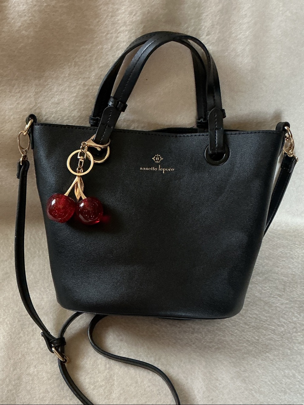 Nanette Lepore Black Leather Shoulder Bag with Red Cherry Charm